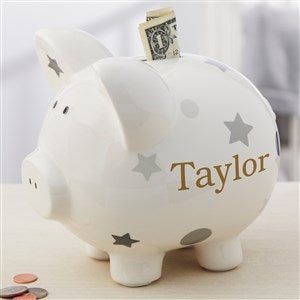 Baby Grey Polka Dots  Stars Personalized Piggy Bank - 20246