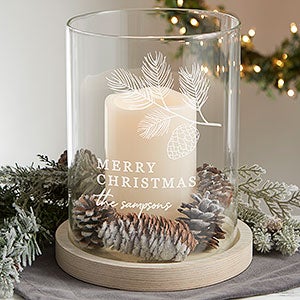 Festive Foliage Personalized Christmas Hurricane with Whitewashed Wood Base - 29075