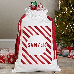 Striped Candy Cane Name Personalized Canvas Drawstring Santa Sack - 29365