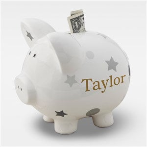 Baby Personalized Piggy Bank - Grey Polka Dots  Stars - 43246-G