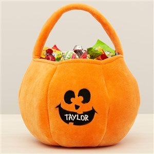 Pumpkin Faces Embroidered Plush Halloween Treat Bag - Orange - 43335-O