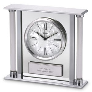 Engraved Bulova Pearlized Column Clock - 44738