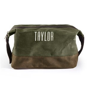 Embroidered Waxed Canvas Toiletry Bag in Olive - 47489