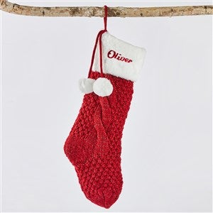 Embroidered Cable Knit Stocking with Fur Cuff in Red - 51338