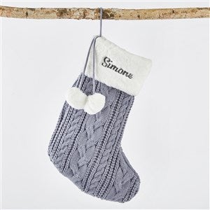 Embroidered Blue Grey Cable Stocking with Fur Cuff - 51340