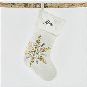 Embroidered Cream, Metallic Silver  Gold Snowflake Stocking - 51347