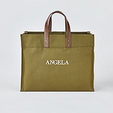 Embroidered Canvas and Leather Tote in Olive - 50991