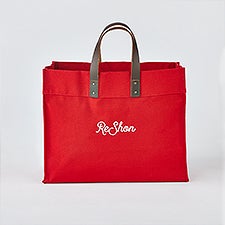 Embroidered Canvas and Leather Tote in Red - 50993