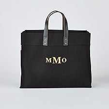 Embroidered Canvas and Leather Tote in Black - 50995