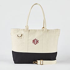 Embroidered Utility Canvas Tote in Natural/Black- Centered Text   - 50997