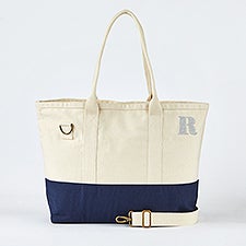 Embroidered Utility Canvas Tote in Natural/Navy- Side Text    - 51049