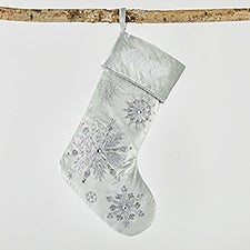 Embroidered Sage Green & Silver Jeweled Snowflake Stocking   - 51345