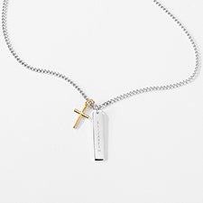 Kittenish Engraved Gold & Sterling Silver Cross and Bar Necklace  - 52326