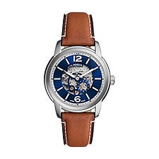 Engraved Fossil Heritage Leather Watch with Blue Skeleton Dial - 52905