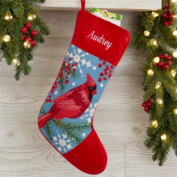 Winter Holiday Cardinal Christmas Needlepoint Stocking, 18-Inch Height,  Wool and Cotton