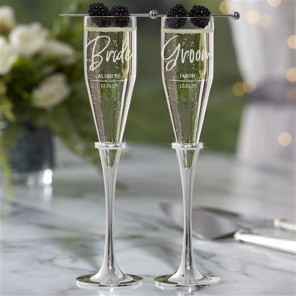 Personalized outlet wedding flutes silver, Wedding gift anniversary, Wedding toasting glasses, Crystal wedding flutes silver, set of 2