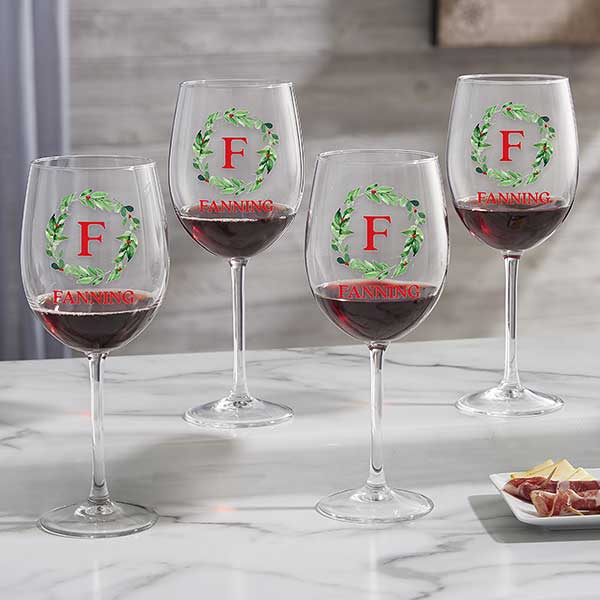 Personalized Christmas Wine Glasses - Holiday Monogram Wreath - 24725