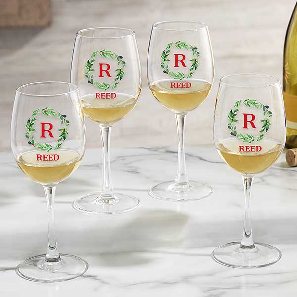 Personalized Christmas Wine Glasses - Holiday Monogram Wreath - 24725