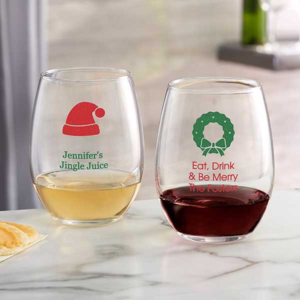 Personalized Christmas Icon Wine Glasses - 25994