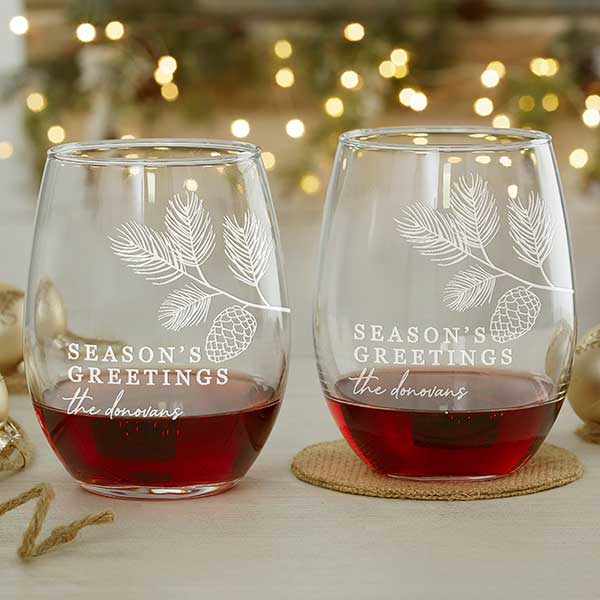 Festive Foliage Engraved Christmas Wine Glasses - 27799