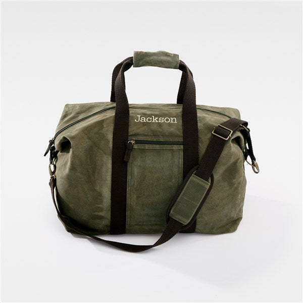 Embroidered Waxed Canvas Weekender Duffle Bag in Olive  - 48524