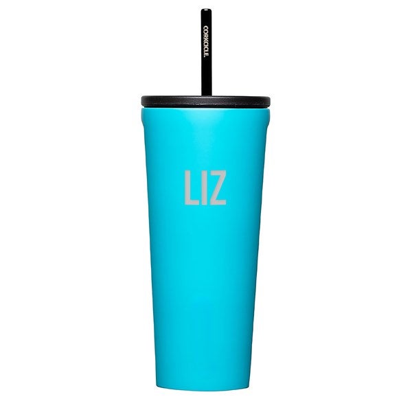 Engraved Corkcicle Monogram 24oz Cold Cup with Straw in Capri Blue   - 50229