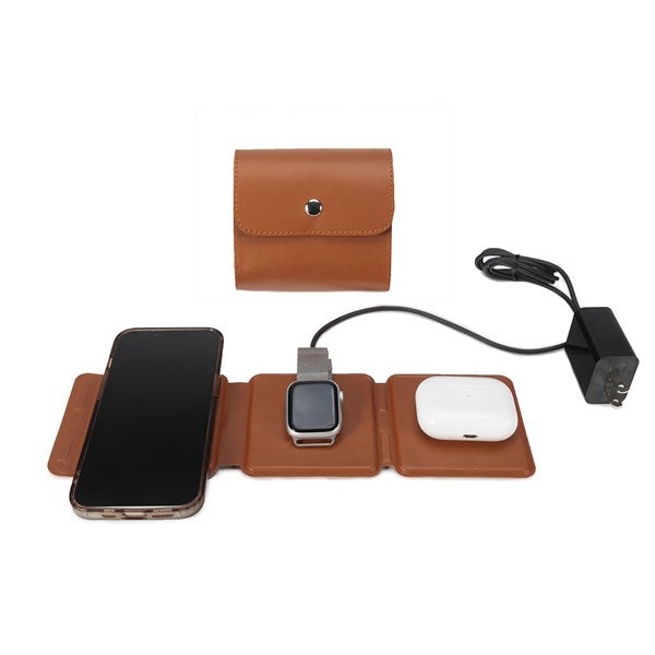 Engraved 3-in-1 Fast Charging Foldable Pad with Brown Case   - 50387