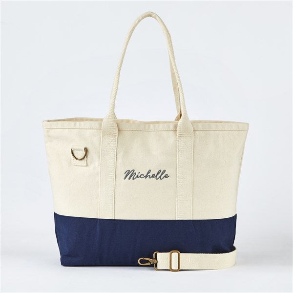 Embroidered Utility Canvas Tote in Natural/Navy- Center Text - 50999