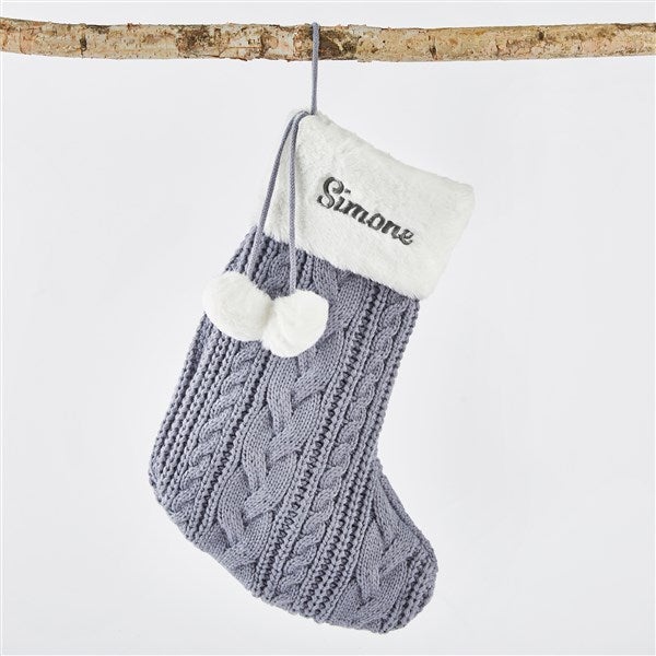 Embroidered Blue Grey Cable Stocking with Fur Cuff   - 51340