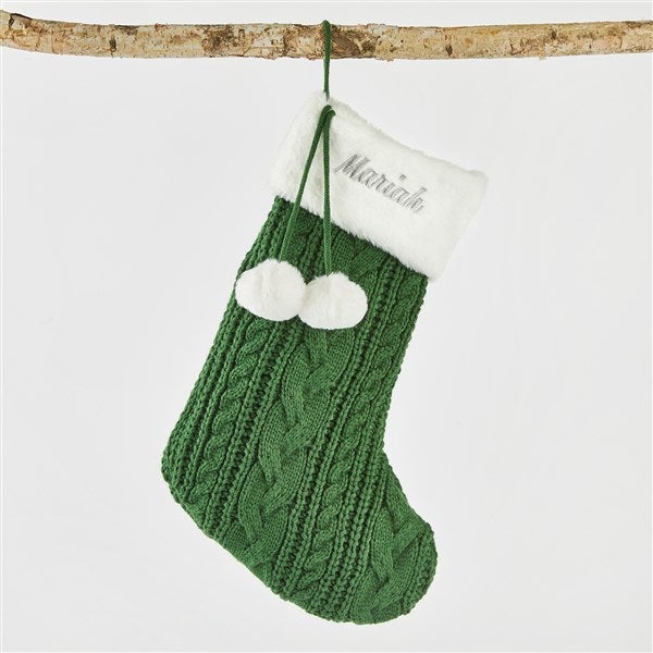 Embroidered Evergreen Cable Stocking with Faux Fur Cuff   - 51341