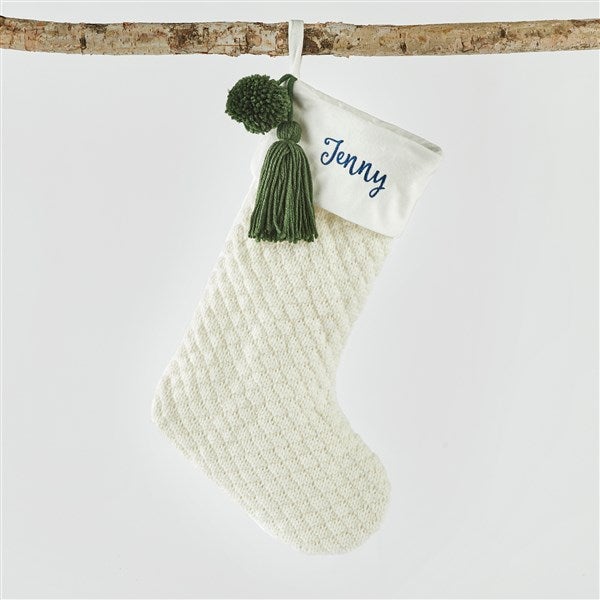 Embroidered Cream & Green Tassel Stocking     - 51343