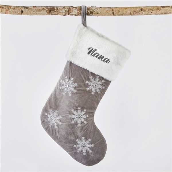 Embroidered Gray & Silver Snowflake Stocking with Fur Cuff     - 51346