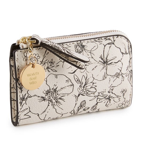 Engraved Vera Bradley Leather Zip Card Pouch in Bloom Cottage Cream On Sale Today