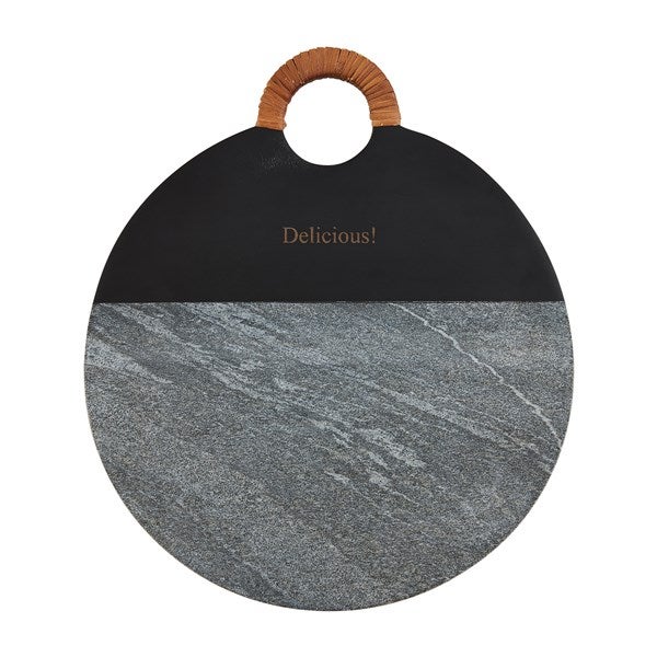 Engraved Round Black Wood and Marble Serving Board  - 52264