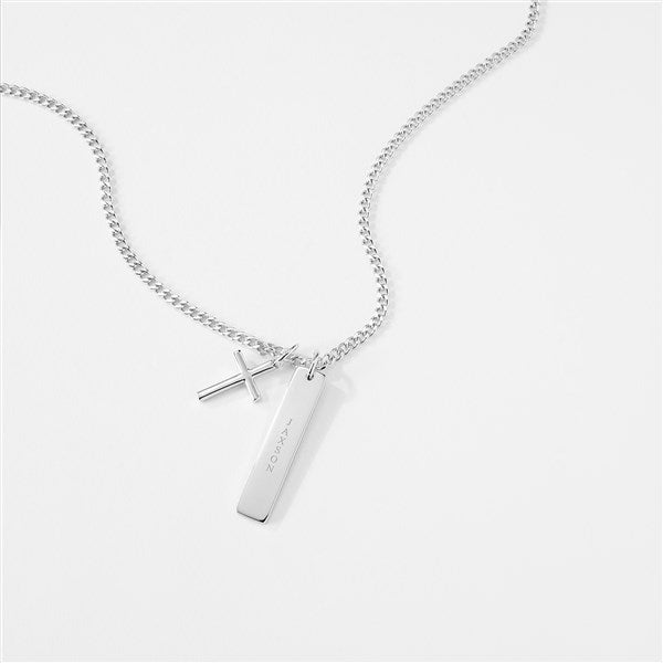 Kittenish Engraved Sterling Silver Cross and Bar Necklace    - 52325