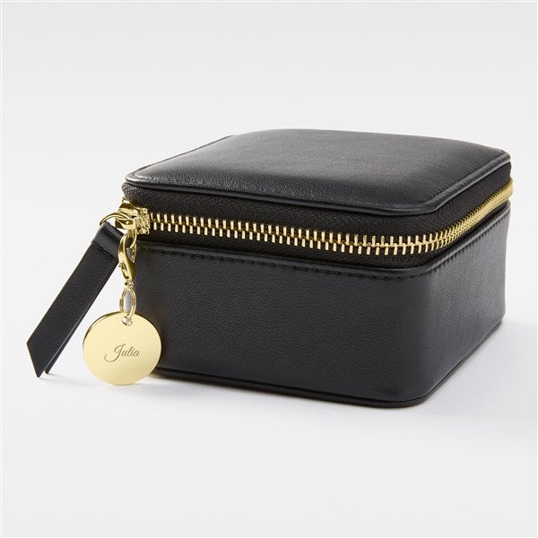 Kittenish Engraved Black Leather Travel Jewelry Case with Charm   - 52378