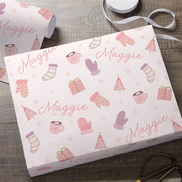 Kittenish Cozy Holiday Personalized Wrapping Paper in Pink     - 52506