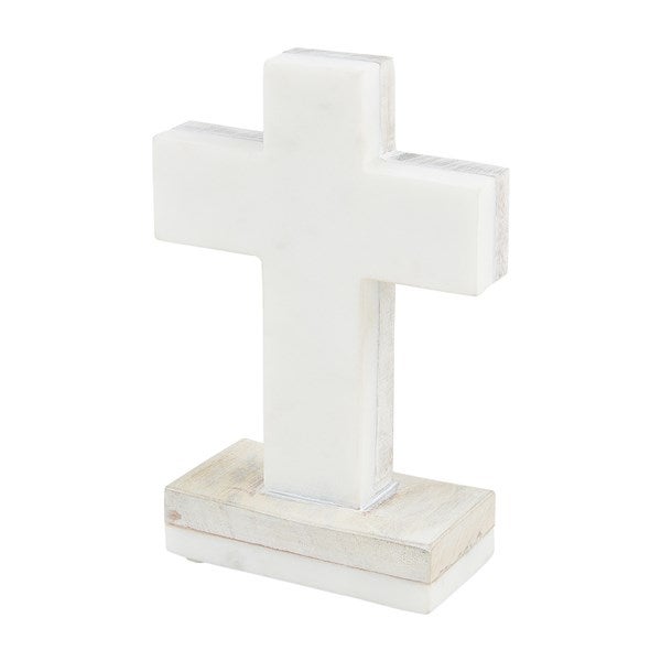 White Marble and Wood Cross   - 52586