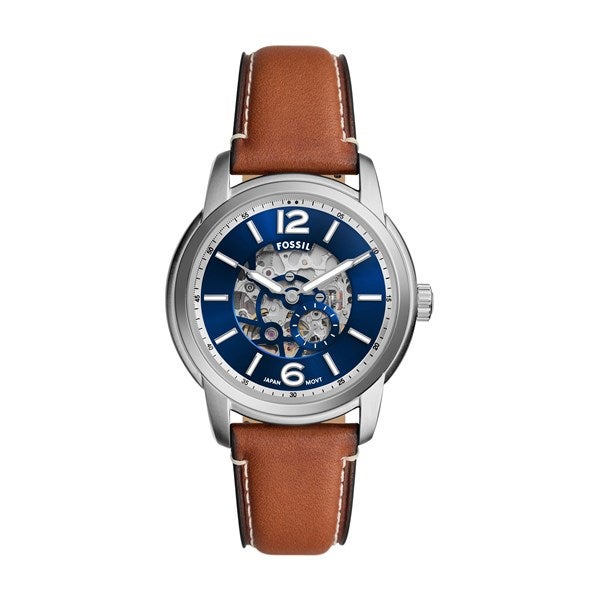 Engraved Fossil Heritage Leather Watch with Blue Skeleton Dial - 52905