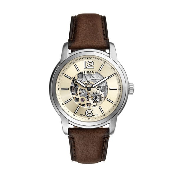 Engraved Fossil Heritage Skeleton Dark Brown Leather Watch   - 52906