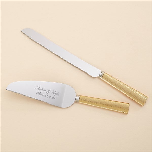 Kittenish Engraved Gold Hammered Wedding Cake Knife & Server Set   - 53470