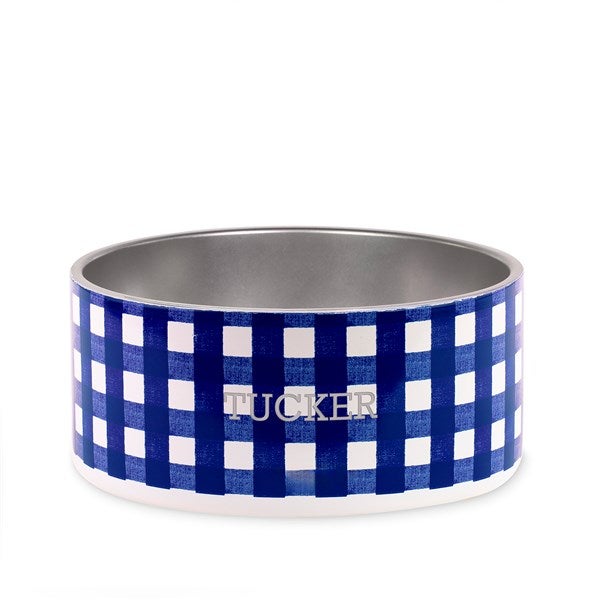 Kate Spade Engraved Blue Gingham Pet Bowl - Medium/Large    - 54187